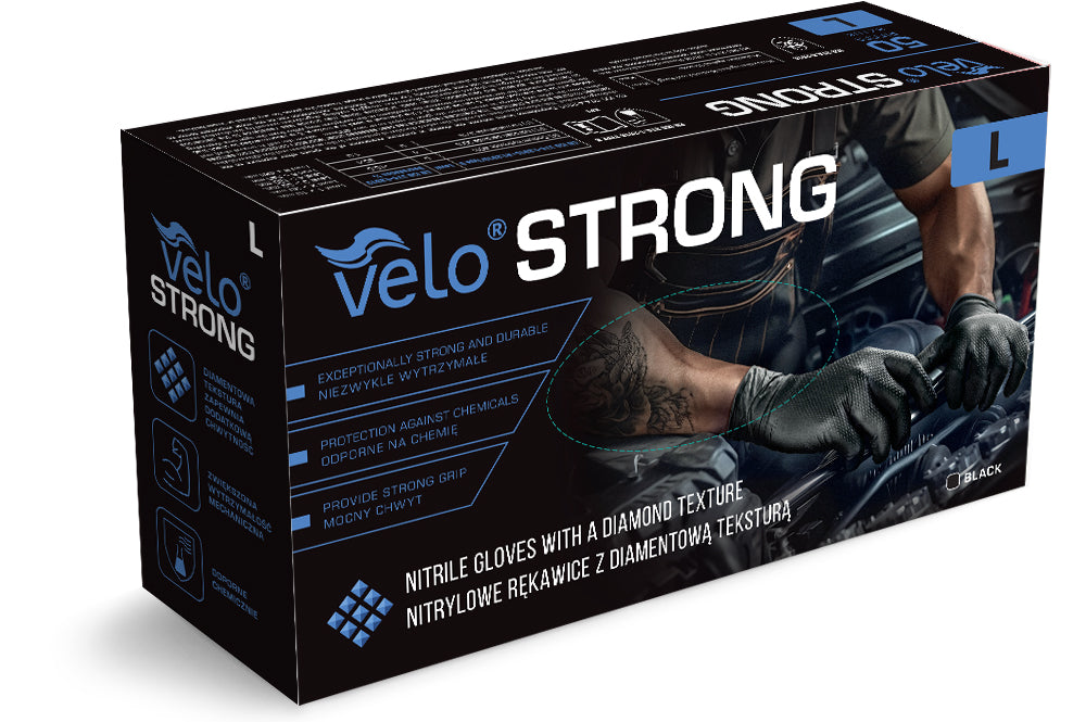 Mănuși Velo Strong, Negre, mărimea L, Nitril, textură diamant, protecție mecanici