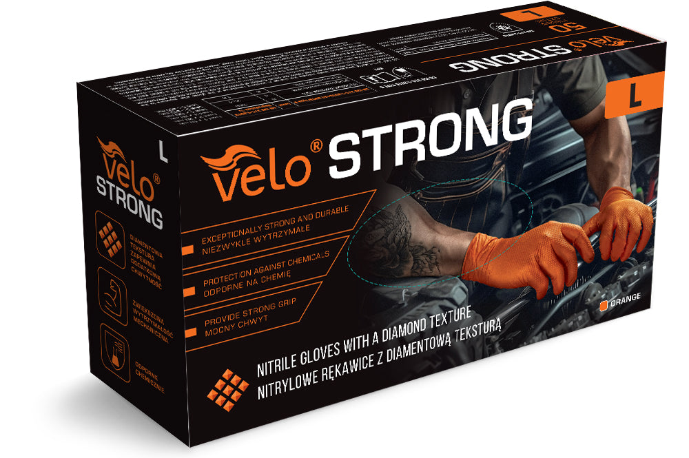 Mănuși Velo Strong, Orange, mărimea L, Nitril, textură diamant, protecție mecanici