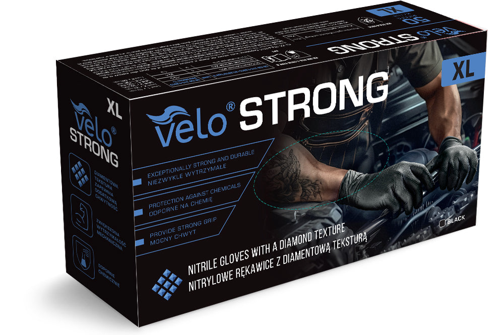 Mănuși Velo Strong, Negre, mărimea XL, Nitril, textură diamant, protecție mecanici