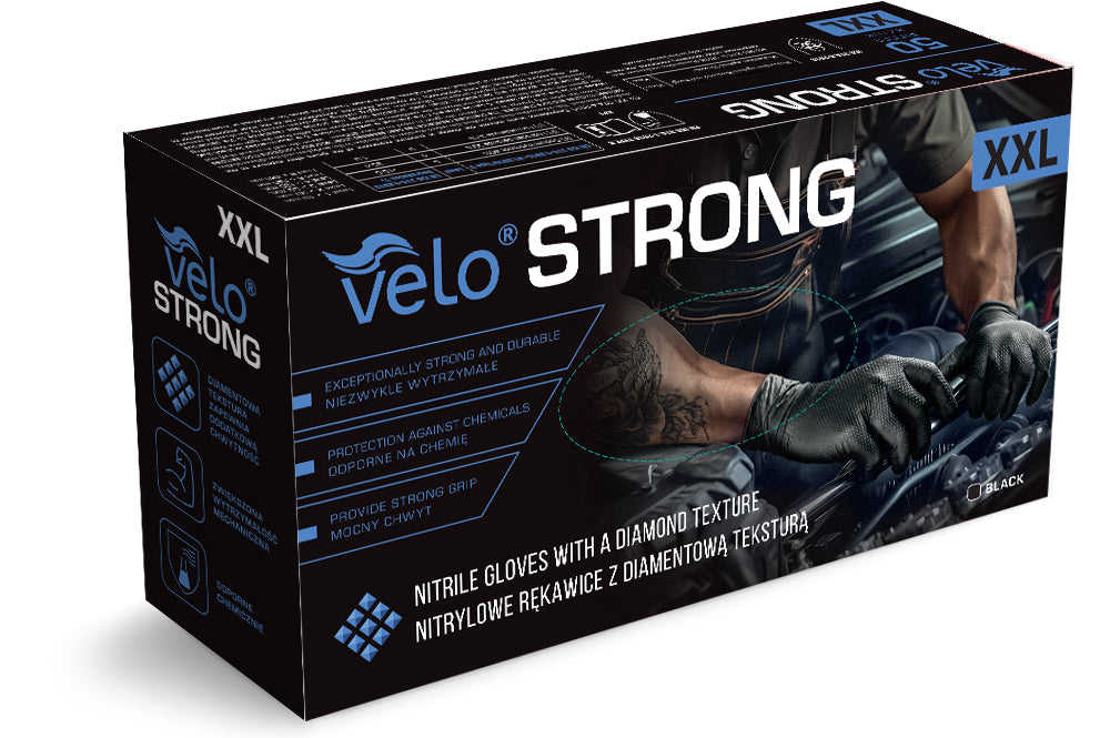 Mănuși Velo Strong, Negre, mărimea 2XL, Nitril, textură diamant, protecție mecanici